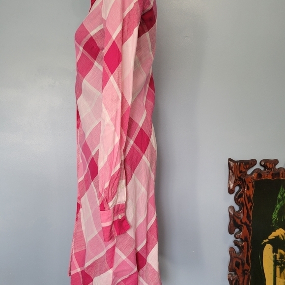 Moda International 100% Linen Plaid Shirt Pink Dress Size 2 - Picture 5 of 7